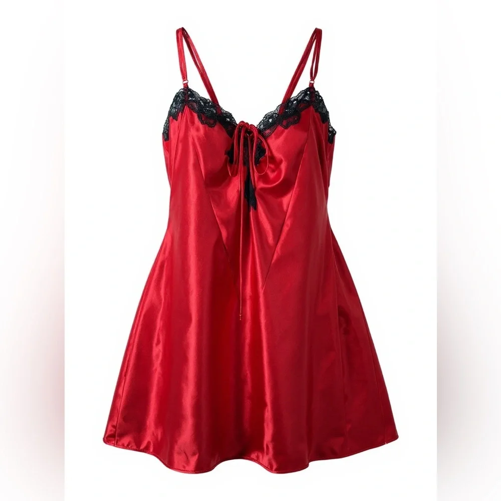 Frederick's of Hollywood Scarlet Satin Chemise with Ebony Lace Small